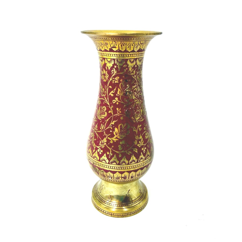 Vintage‎ Light Red Enamel Etched Brass Floral Vase Bohemian Indian Decor Gold